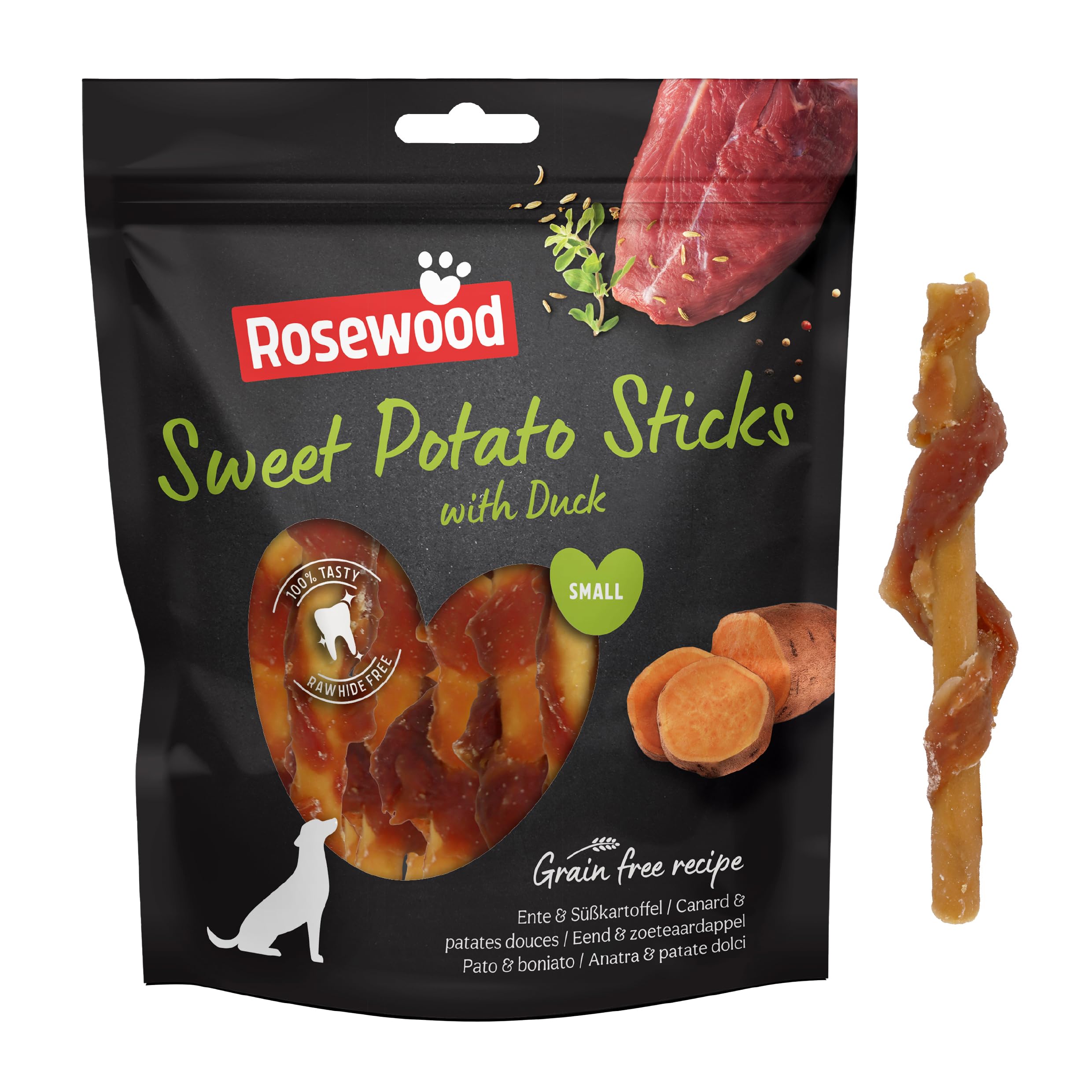 Rosewood Small Duck and Sweet Potato Sticks for Dogs – Real Meat Treats, Grain-Free, High Protein, Supports Dental Hygiene, No Added Sugar, No Artificial Colours or Flavours (320g Value Pack)