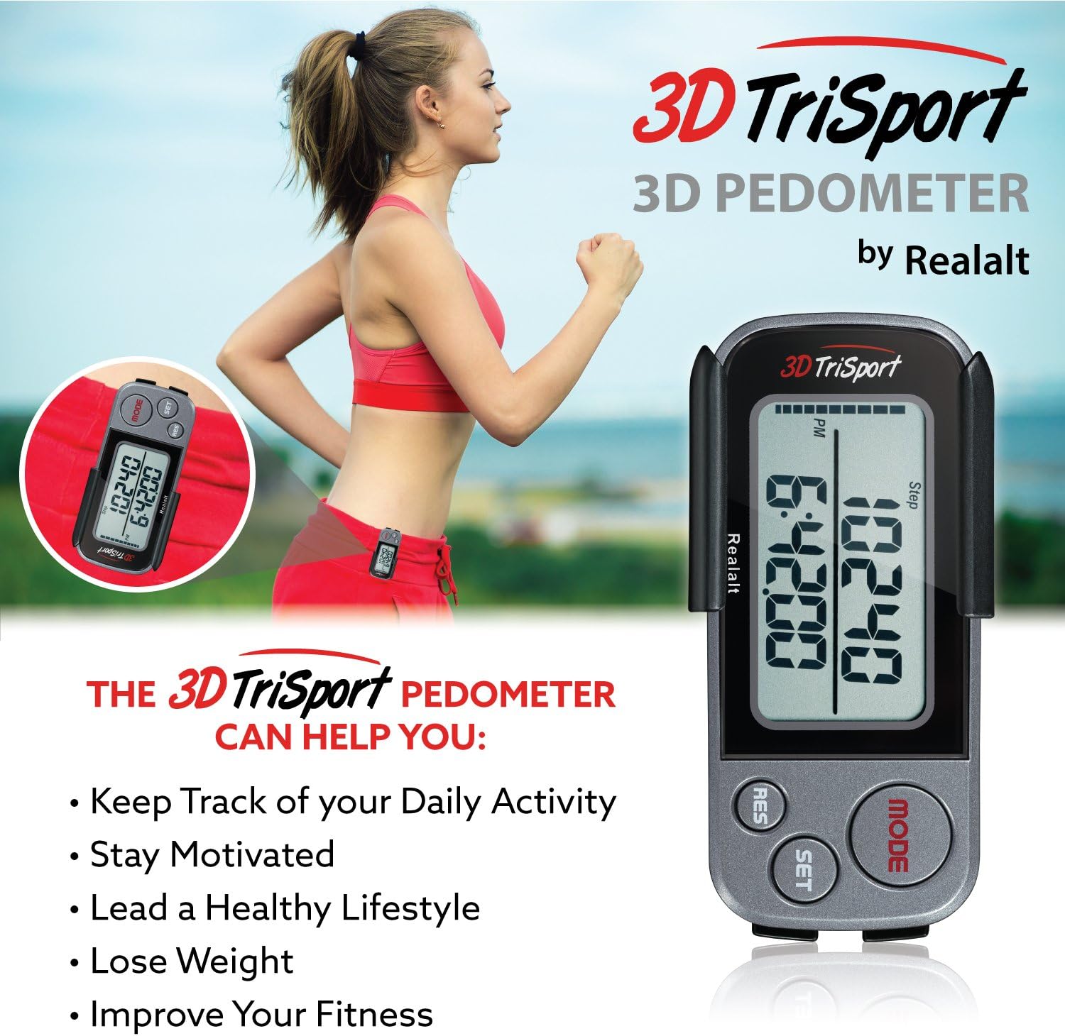 Realalt 3DTriSport 3D Walking Pedometer with Clip & Strap, Accurate Step Counter with 30-Day Memory - Image 4