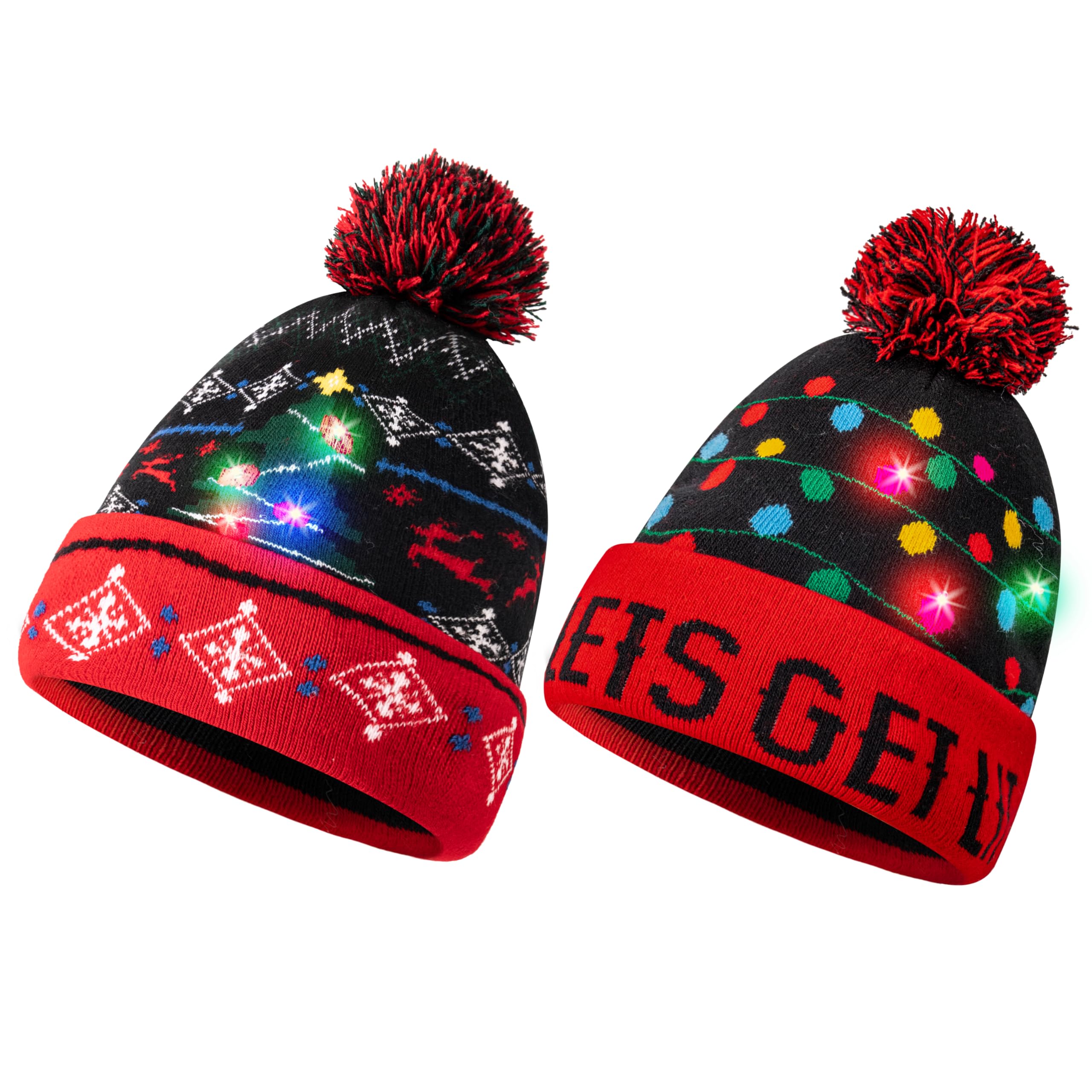 JOYIN 2 Pack LED Light-up Knitted Beanie Ugly Sweater Holiday Christmas Beanie Hat Knit Cap (Battery Included with 3 Flashing Modes)