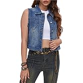 J.Corrine Women’s Denim Vest Sleeveless Classic Cropped Distressed Spread Collar Button Jean Vest Jackets With Pockets