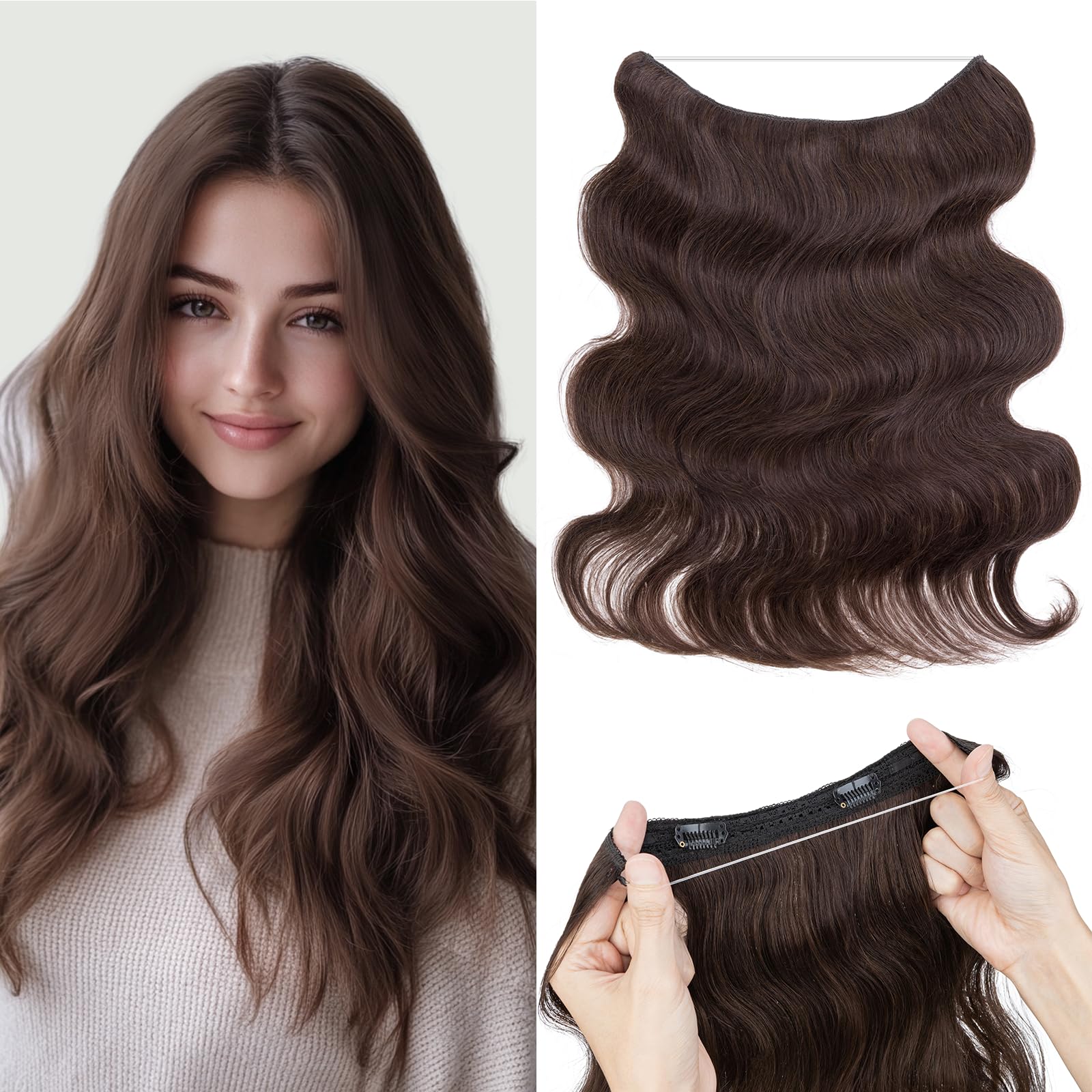 Photo 1 of Rich Choices 100% Real Human Hair Halo Hair Extensions for Women Invisible Wire Hair Extensions Remy Halo Hair Clip in Hairpiece One Piece 16 Inch #2 Dark Brown
