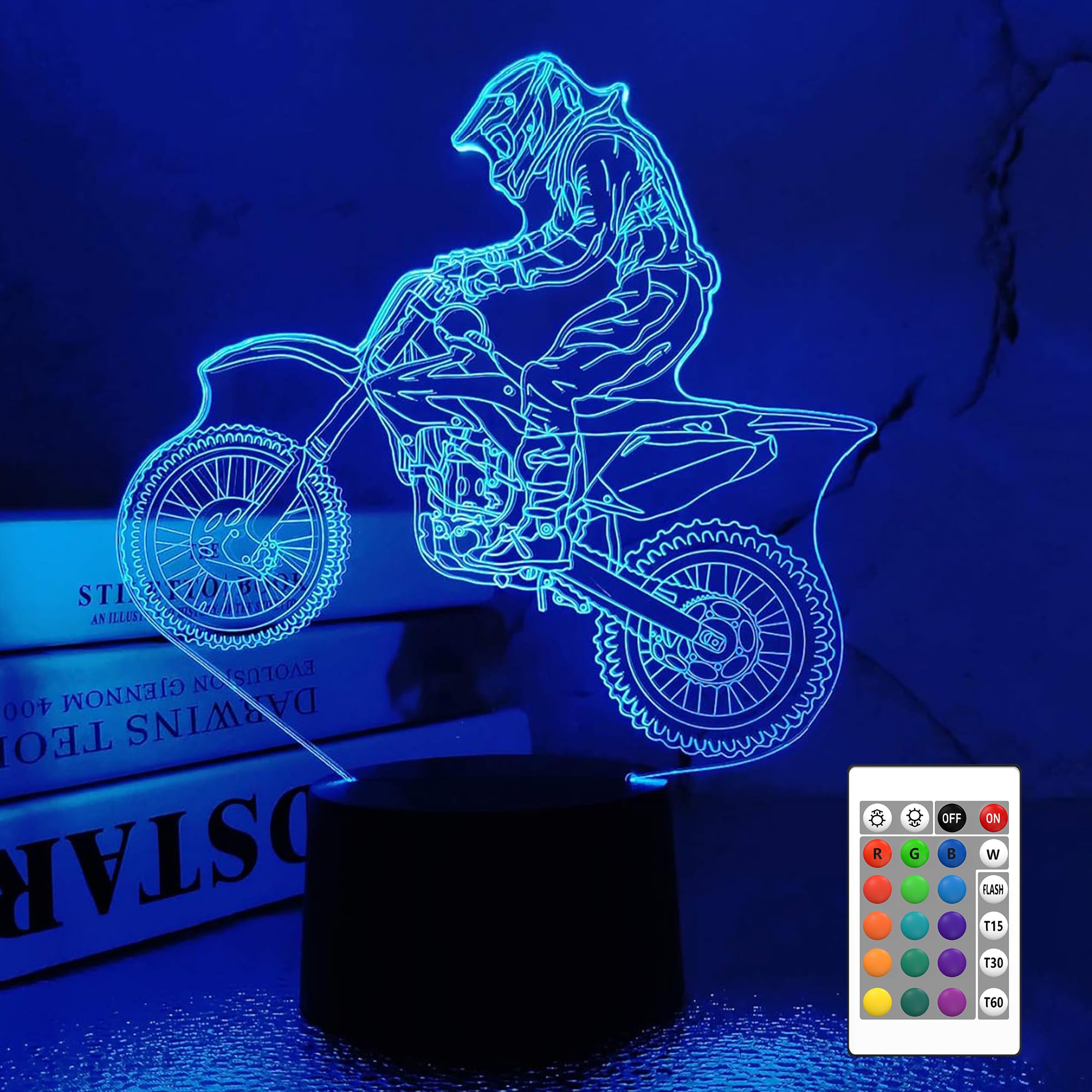 Dirt Bike Gifts, Motocross 3D Night Light for Kids for Xmas Holiday Birthday Gifts for KidsMotorcycle Fan with Remote Control 16 Colors Changing + 4 Changing Mode + Dim Function