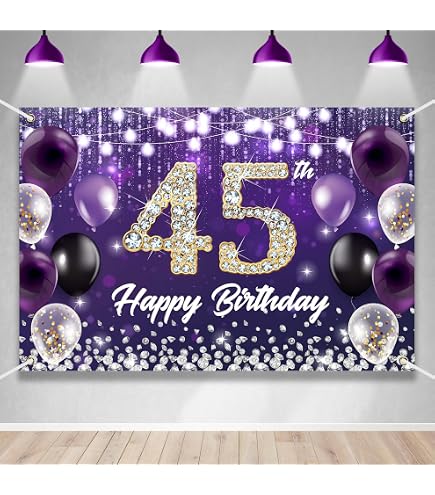 45th Birthday Decorations - Purple Glitter Fabric Sign Poster For Women's Birthday Party