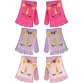 Fourluoo 3 Pairs Kids Unicorn Flip Gloves with Cover Winter Girls Fingerless Gloves Convertible Mittens