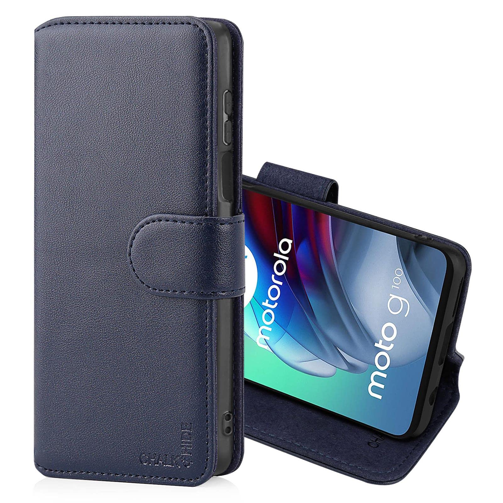 CHALK & HIDE - Real Leather Book Wallet Flip Case Cover For Motorola Moto G100, Real Leather Design With Card Slot, Magnetic Closure and Built In Stand - Navy Blue
