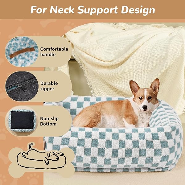 NXWJOY CUTE DOG BED FOR SMALL MEDIUM DOGS – WASHABLE RECTANGLE PET BED WITH REMOVABLE COVER AND NONSKID BOTTOM, CUTE CALMING PUPPY BED SOFT PET SOFA, BLUE GRID, 28X24X7IN