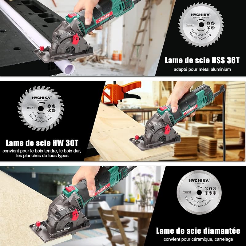 HYCHIKA 500W Mini Scie Circulaire, 4500RPM, Profondeur de coupe: 0-25mm, Moteur en Cuivre Pur, 3 Lames pour les coupes de bois, de métal mou, de carreaux et de plastique
