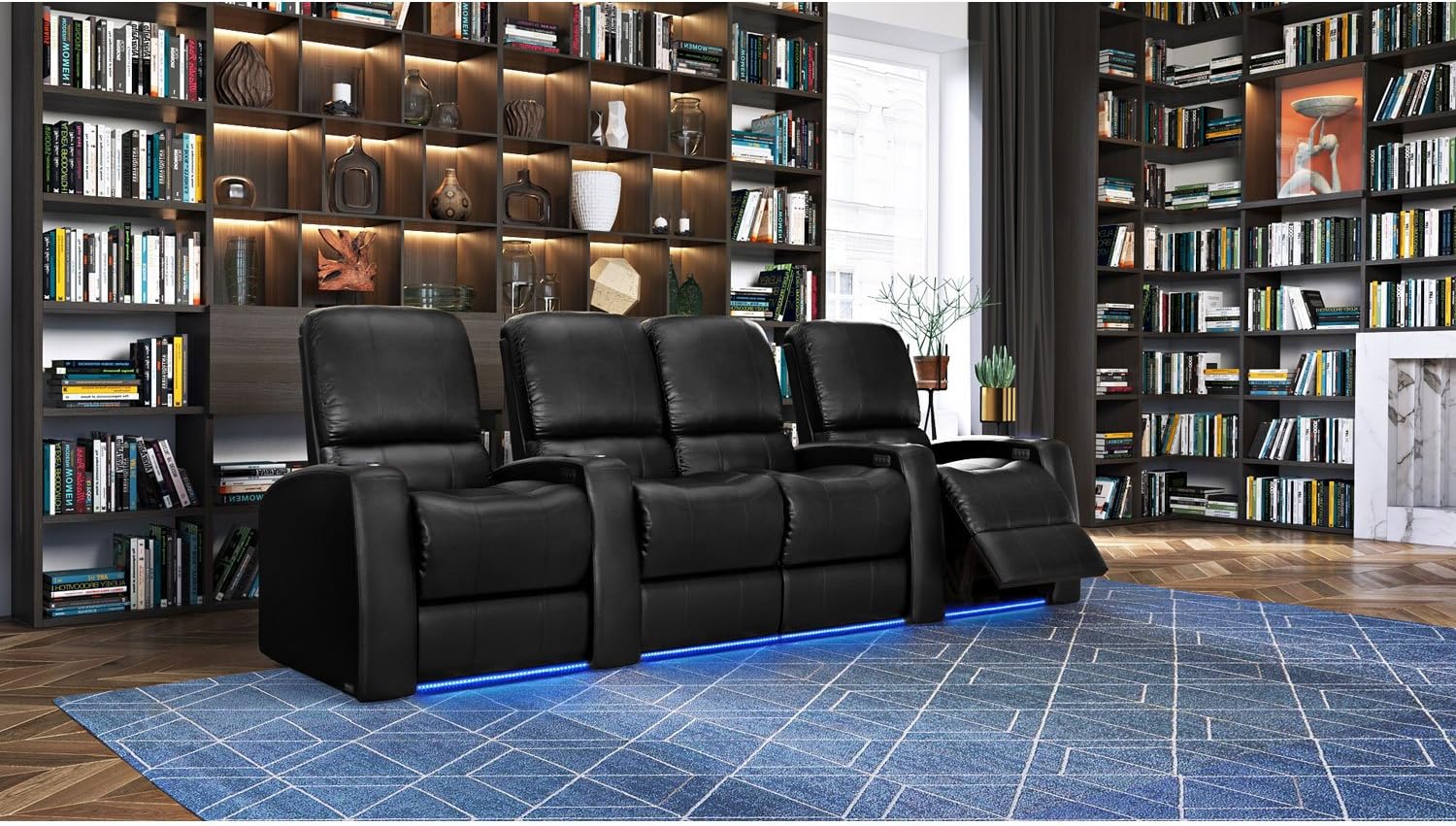 Blaze XL900 Home Theatre Furniture - Black Premium Leather - USB Charging Port - Memory Foam - Accessory Dock - Lighted Cups - Power Recline - Straight Row 4 with Middle Loveseat: Furniture & Decor