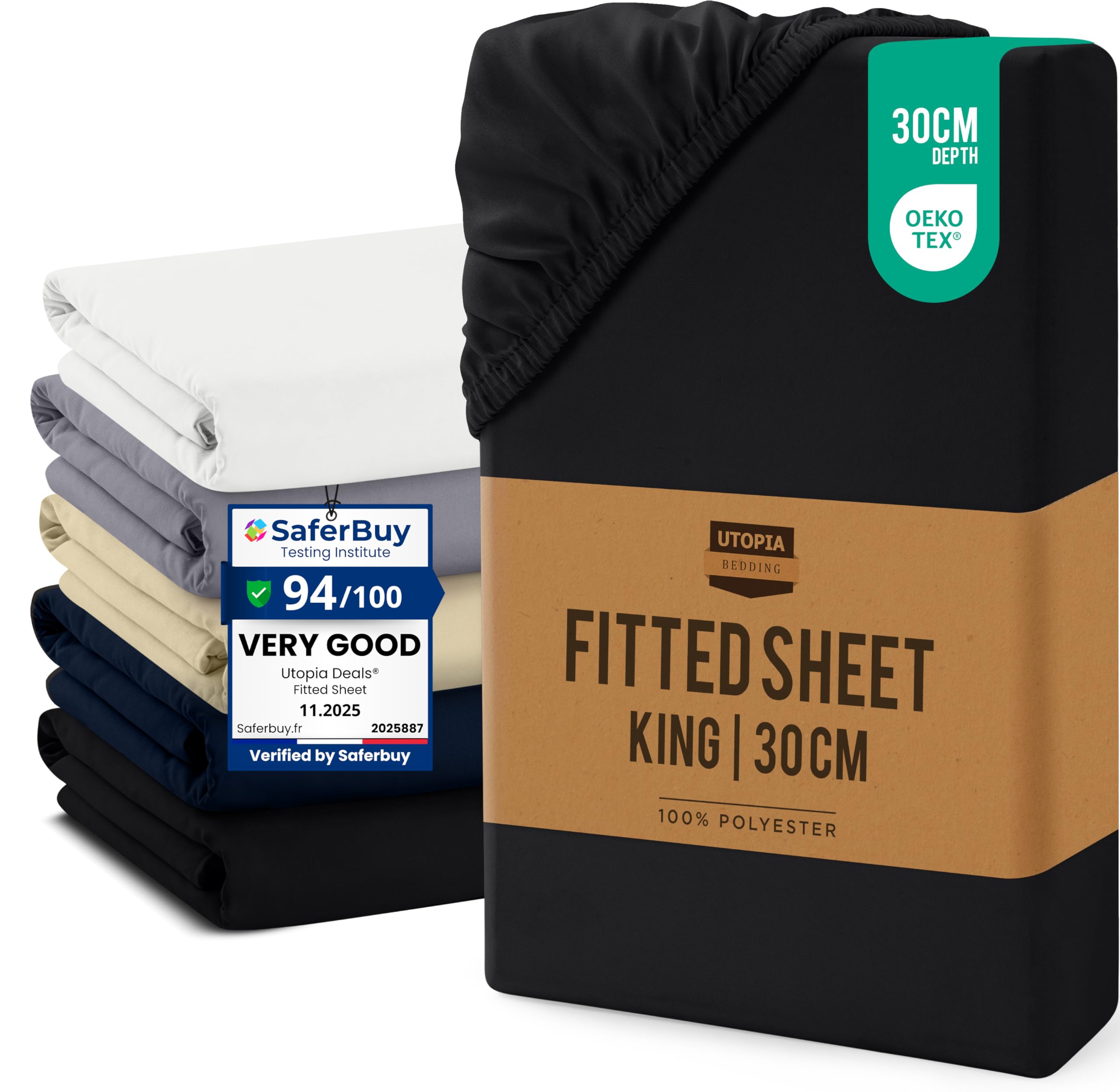 Utopia Bedding Fitted Sheet King, Black - Up to 12 Inch (30cm) Deep - Easy Care - Soft Brushed Microfibre Fabric - Shrinkage and Fade Resistant - Oeko-Tex Certified - Bottom Sheet