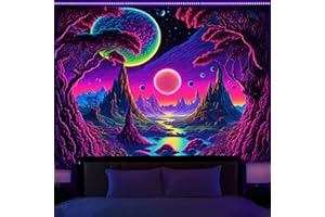 Manicer Blacklight Galaxy Moon Tapestry - Alien Landscape, UV Reactive Neon Mountain Forest, Space Fantasy Plants Wall Hangin