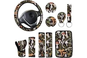 JINGSEN 10 PCE Mushrooms Car Steering Wheel Cover for Women Center Console Armrest Pad Headrest Seat Belt Cover Car Accessories for Women Interior,Car Accessories Set(Mushrooms)