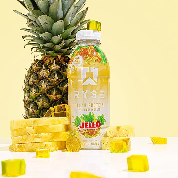 RYSE CLEAR PROTEIN DRINK – JELL-O ISLAND PINEAPPLE – 100 CALORIES, 22G WHEY ISOLATE PROTEIN SHAKE, SUGAR-FREE, 0G FAT & LACTOSE-FREE – REFRESHING READY-TO-DRINK BEVERAGE – 16.9 FL OZ BOTTLES (12-PACK)
