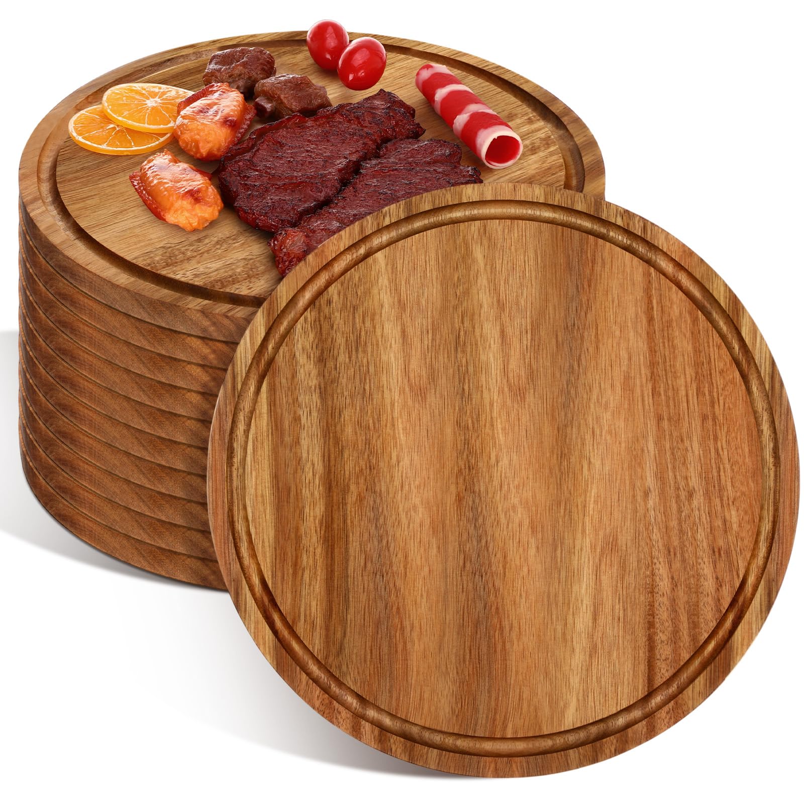 Photo 1 of Patelai 10 Pcs Round Wood Cutting Boards Bulk 12 Inch Acacia Wooden Charcuterie Boards 0.6 Inch Thick with Juice Groove Bread Pizza Meat Fruit Cheese Vegetables Chopping Cutting Kitchen Serving Trays