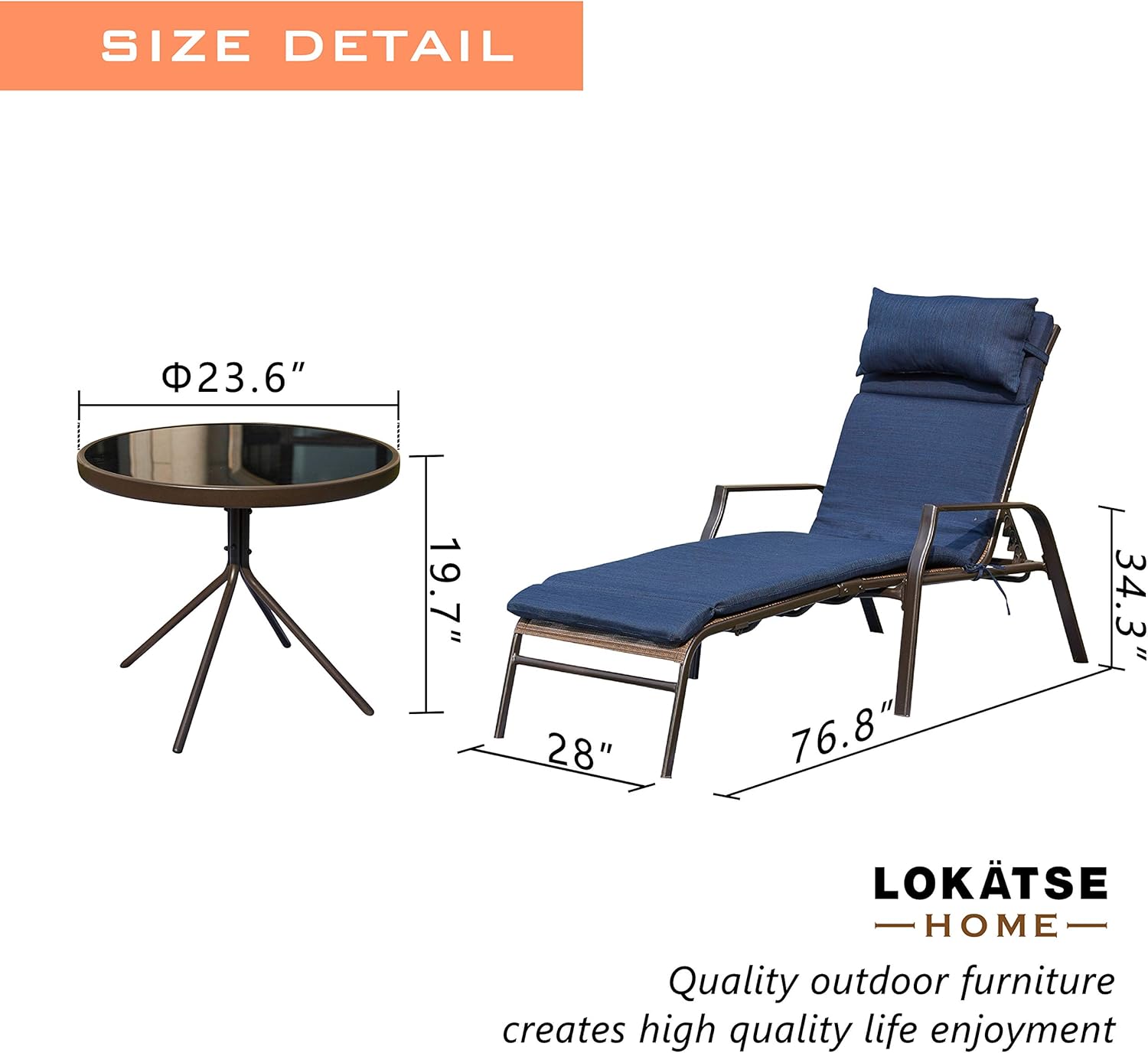 LOKATSE HOME 3 Pieces Outdoor Patio Chaise Lounges Chairs Set Adjustable with Folding Table, Dark Blue Cushions : Garden & Outdoor