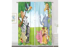 MESHELLY Baby Boy Girl Safari Animal Curtains 52W x 84H Inch Rod Pocket Cartoon Elephant Lion for Kids Children Toddler Woodland Jungle Living Room Bedroom Playroom Window Drapes Fabric 2 Panel