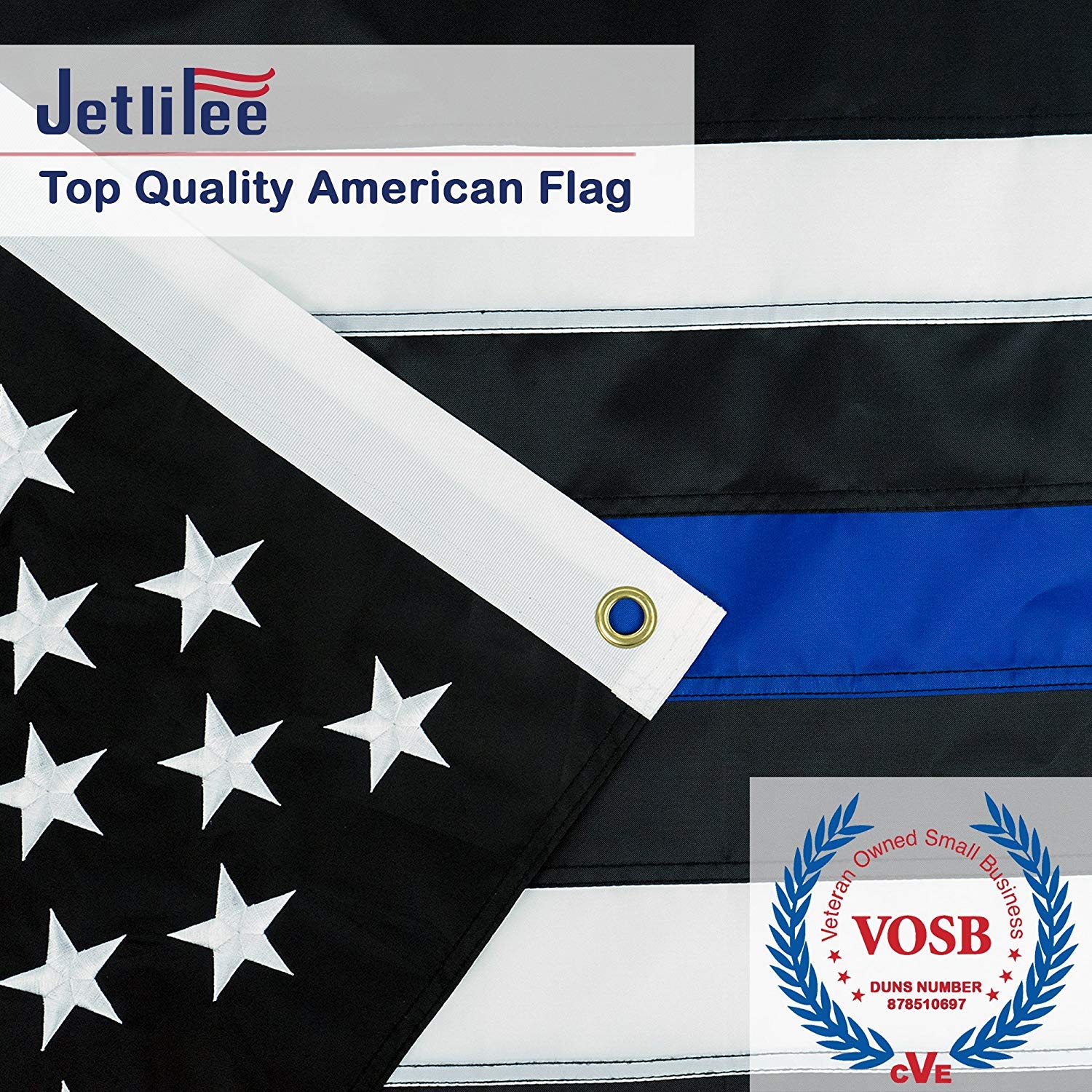 Black White Thin Blue Line American Flag 3x5Ft Heavy-Use Nylon w/ Embroidered Stars & Sewn Stripes - Deluxe Fast-Dry, All-Weather USA Flag-Honoring Law Enforcement Officers