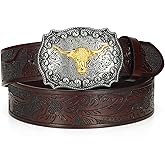 WOWOGO Women Men Western Belts Cowboy Cowgirl Country Belt Longhorn Bull Buckle Floral Embossed Belt for Jeans Dresses