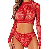RSLOVE Women Sexy Fishnet Lingerie Set – Rose Mesh Long Sleeve Bodysuit and Thong for Lingerie Party, Halloween & Valentine’s