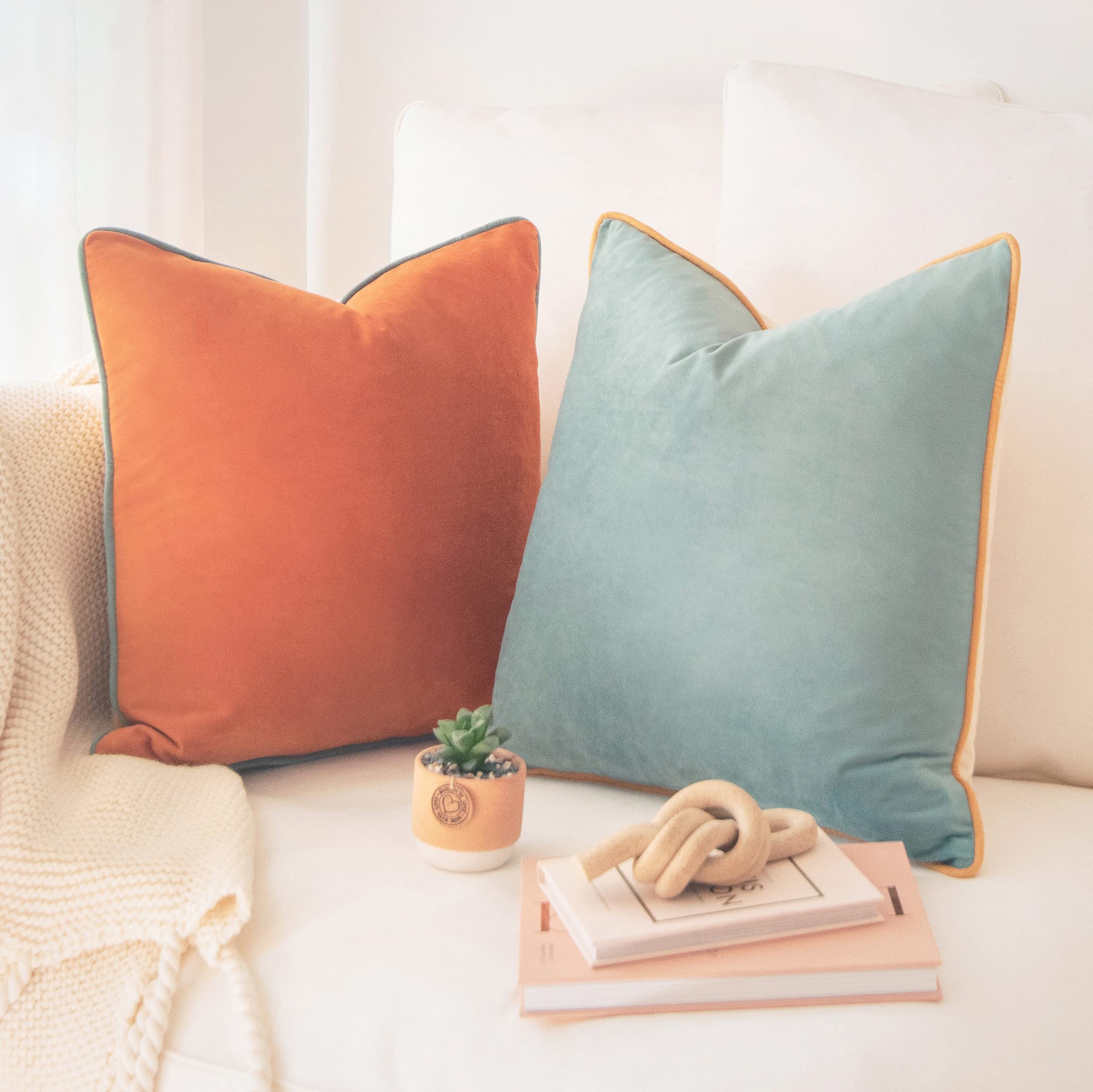 Photo 1 of MONDAY MOOSE Decorative Throw Pillow Covers Cushion Cases, Set of 2 Soft Velvet Modern Double-Sided Designs, Mix and Match for Home Decor, Pillow Inserts Not Included (20x20 inch, Orange/Teal)