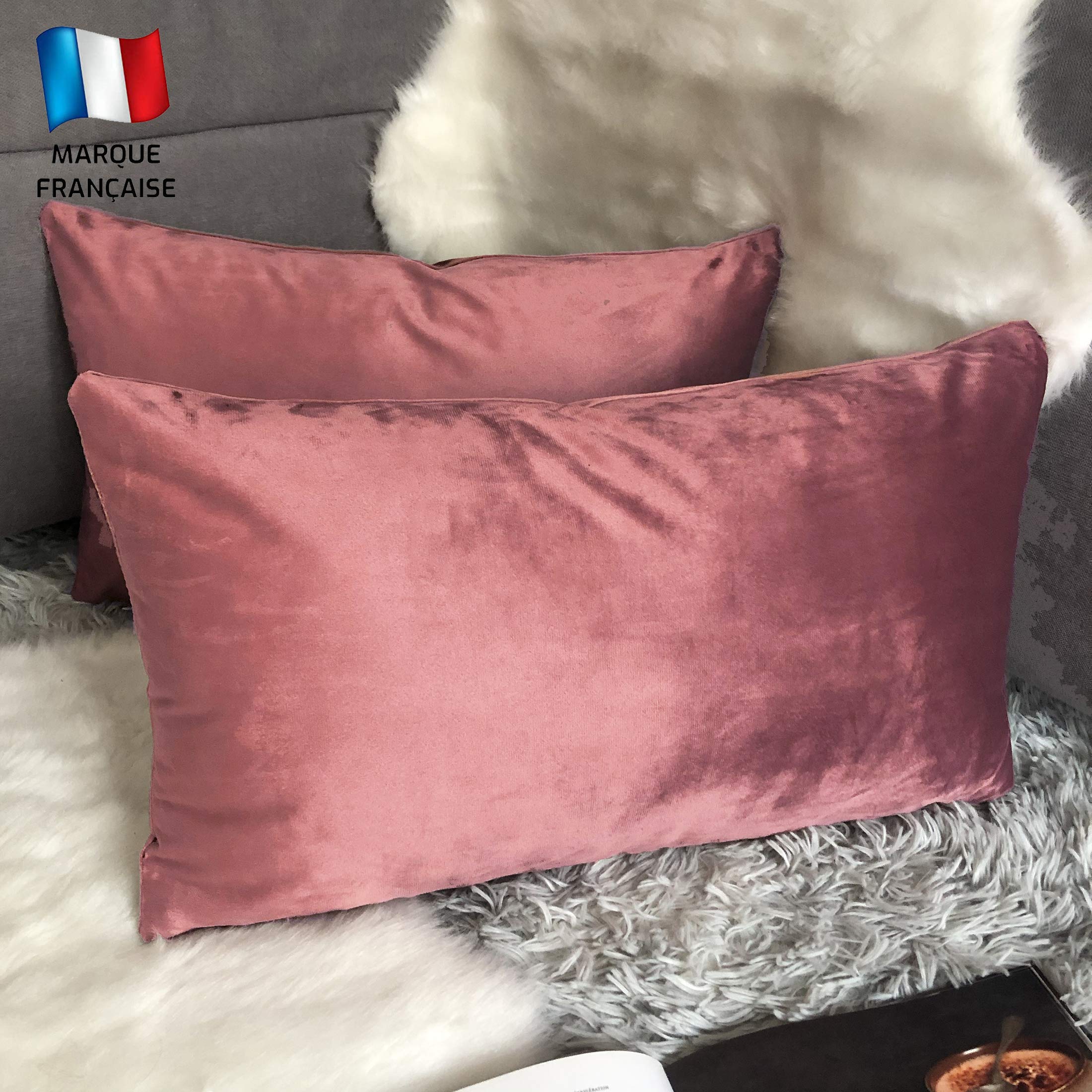 Douceur De Plumes Set of 2 Cushion Cover Terracotta Rosa Velvet 12x20 Inch Plain, Soft and Modern Rectangular Pillowcase for Scandinavian, Living Room Clay Siena Clay Sofa (2 Terracotta Rosa)