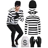 URATOT Halloween Robber Costume Set, Include Striped Long Sleeve T-shirt Knit Cap Gloves Canvas Bags and Eye Mask