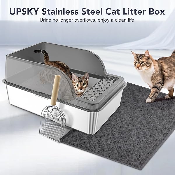 UPSKY STAINLESS STEEL CAT LITTER BOX WITH LID, XL LARGE METAL LITTER BOX FOR LARGE BREEDS, ENCLOSED KITTY LITTER PAN WITH HIGH SIDES, LEAK-PROOF & NON-STICK, EASY TO CLEAN, SCOOP AND MAT INCLUDED
