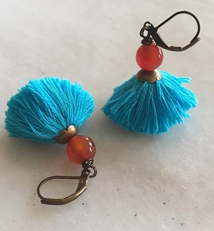 Turquoise Color Tassel Earrings with Carnelian Beads in