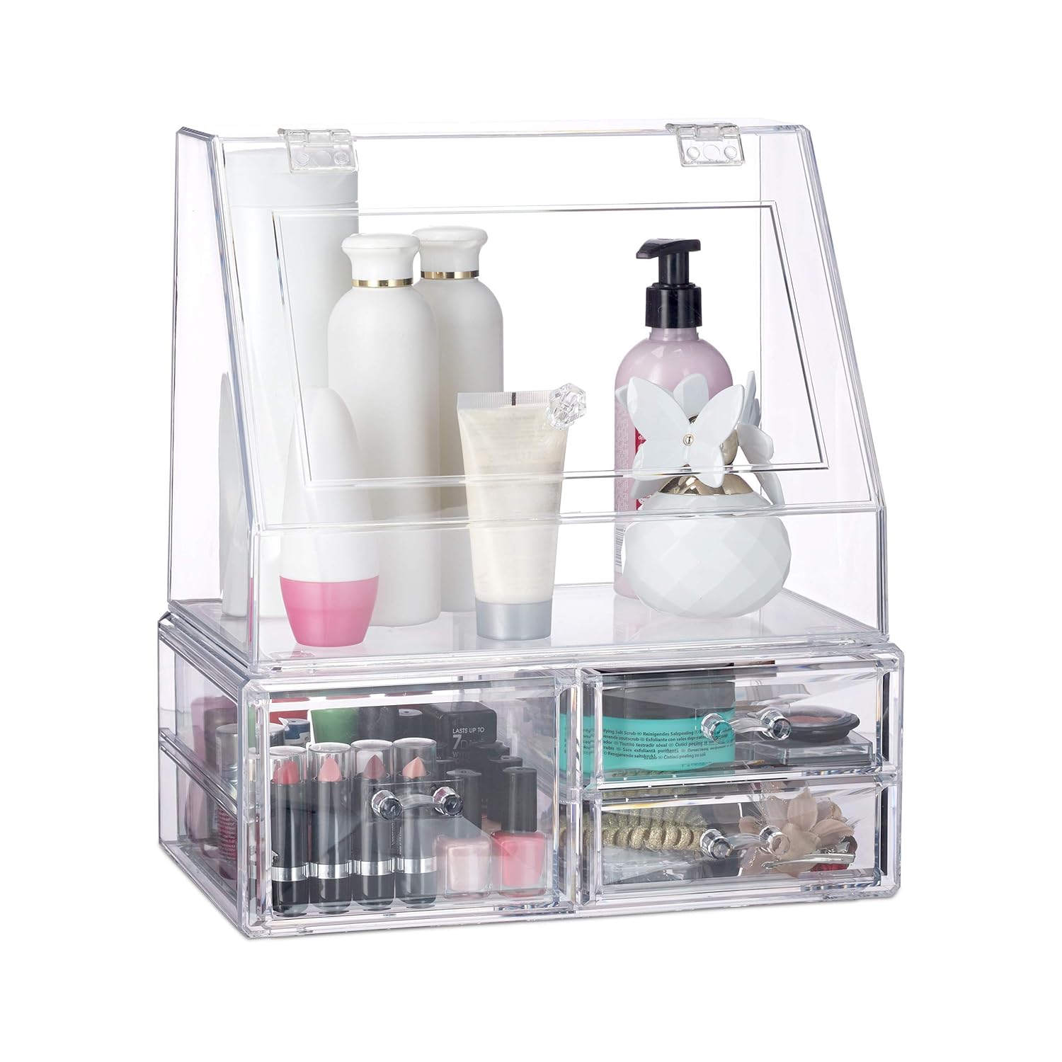 Organizador acrílico para maquillaje y joyas. Con espacio para pefumes.