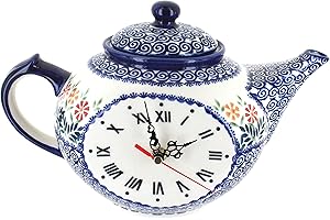 BLUE ROSE POTTERY Blue Rose Polish Pottery Garden Bouquet Mantle Teapot Clock