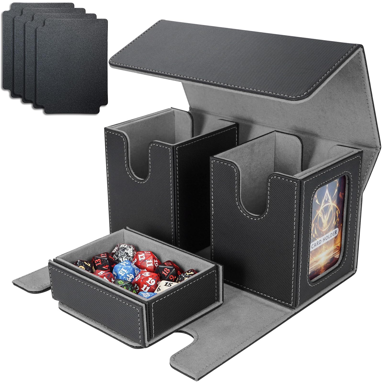 Photo 1 of AFIING MTG Commander Card Storage Box - Fits 200 Double Sleeved Cards,3-in-1Card Deck Case,Strong Magnet Card Organizer For Magic Commander TCG CCG,4Dividers &2 Toploaders, Black/Grey