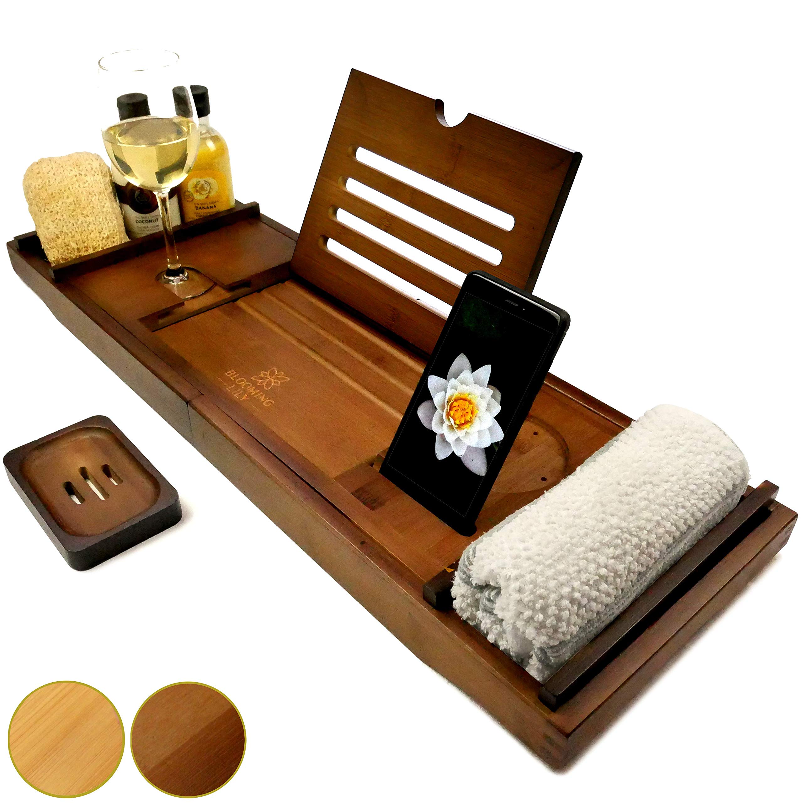 Blooming Lily Sturdily Designed Bath Tray Caddy with Wine Glass Holder, iPad Stand and More – Suitable for Most UK Baths (Brown - Wooden rest)