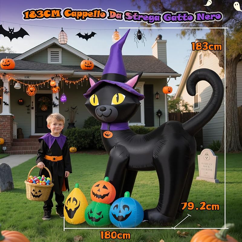 180CM Gatto Nero Halloween Gonfiabili Decorazioni - Gatto Gonfiabile con Cappello da Strega e luci LED Incorporate - Blow Up Halloween Decorazioni Esterno per Prato Giardino Cortile — foto 3 di 8