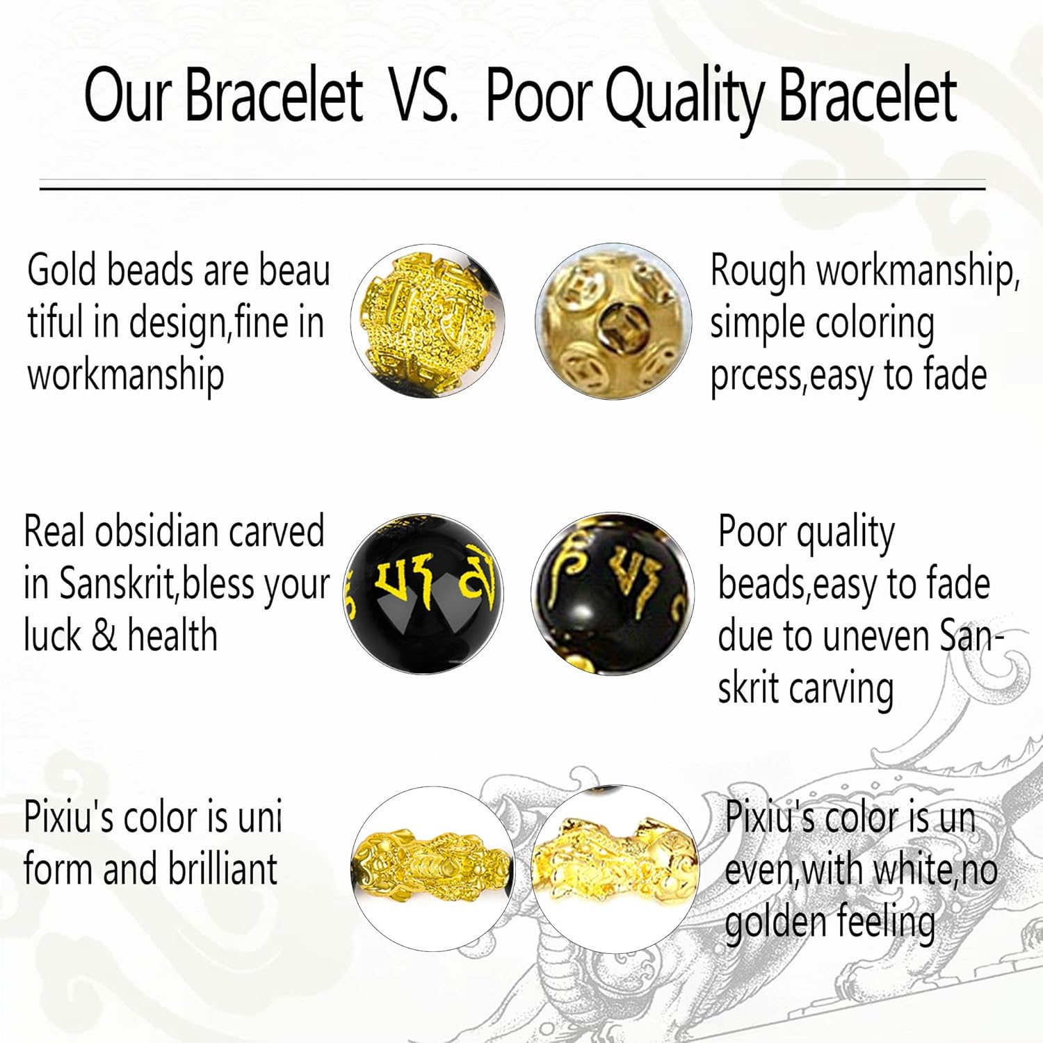 2 Pcs Feng Shui Black Obsidian Wealth Bracelet 12mm Beaded Pixiu Bracelets for Men Sanskrit Hand Carves Mantra Bands for Women Bracelets: Jewelry