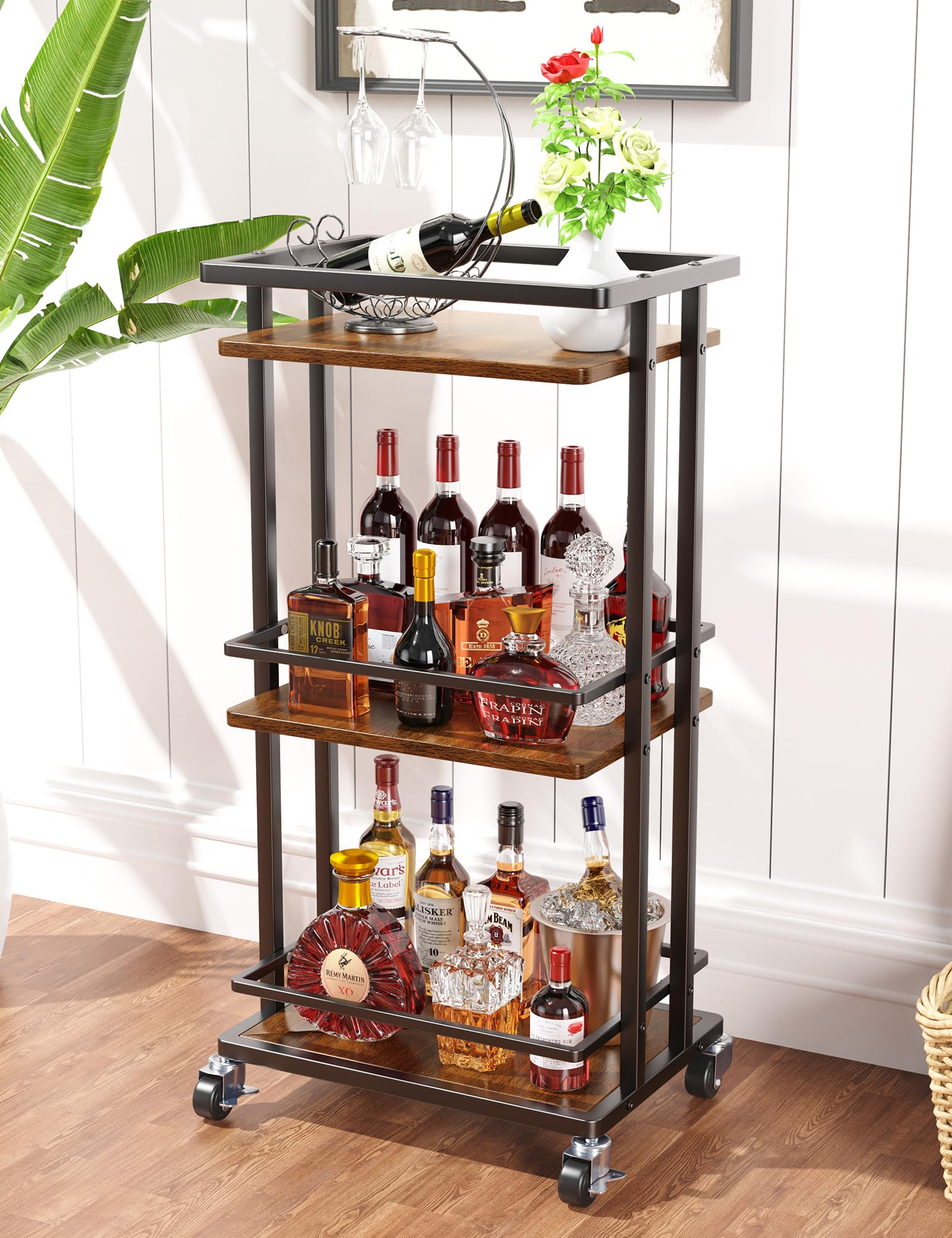 Photo 1 of OKZEST 3 Tier Bar Cart for Home, Rolling Mini Liquor Bar for Wine Beverage Dinner Party, Utility Kitchen Storage Island Serving Cart on Wheels, Coffee Bar Cabinet for Kitchen Dining Living Room, Brown