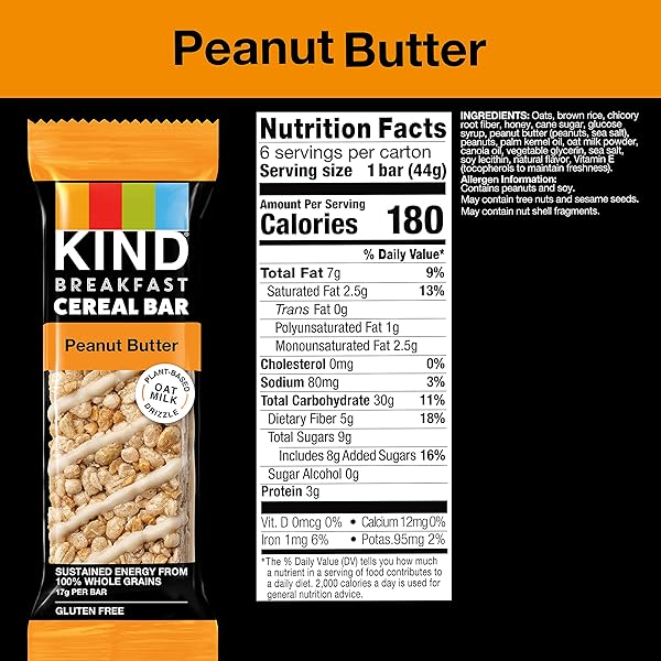 KIND BREAKFAST CEREAL BARS, PEANUT BUTTER, HEALTHY SNACKS, GLUTEN FREE, 100% WHOLE GRAINS, 3G PROTEIN, 6 COUNT