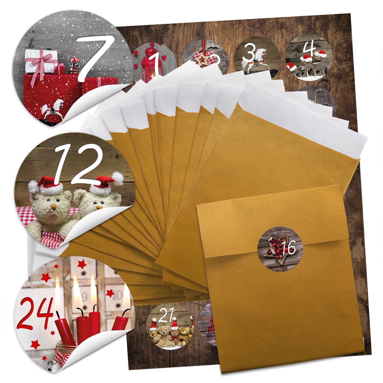 '96 Or Calendrier de l'Avent Sacs (13 x 18 cm) + 96 photo ronde motifs autocollants 4 cm 