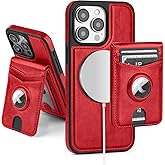 SkyEagle Compatible with MagSafe iPhone 14 Pro Max Case Wallet with AirTag Holder,2 in 1 PU Leather Magnetic Detachable RFID Blocking Credit Card Holder Flip Cover Kickstand for Men Women,Red