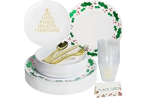 ISFANGCO ISFANCO 175 PCS Hard Plastic Christmas Plates Set for 25 Guests,Heavy Duty Disposable Dinnerware Set,25 White Dinner Plates,Dessert Plates,Spoons,Forks,Knives,Cups,Christmas Place Cards