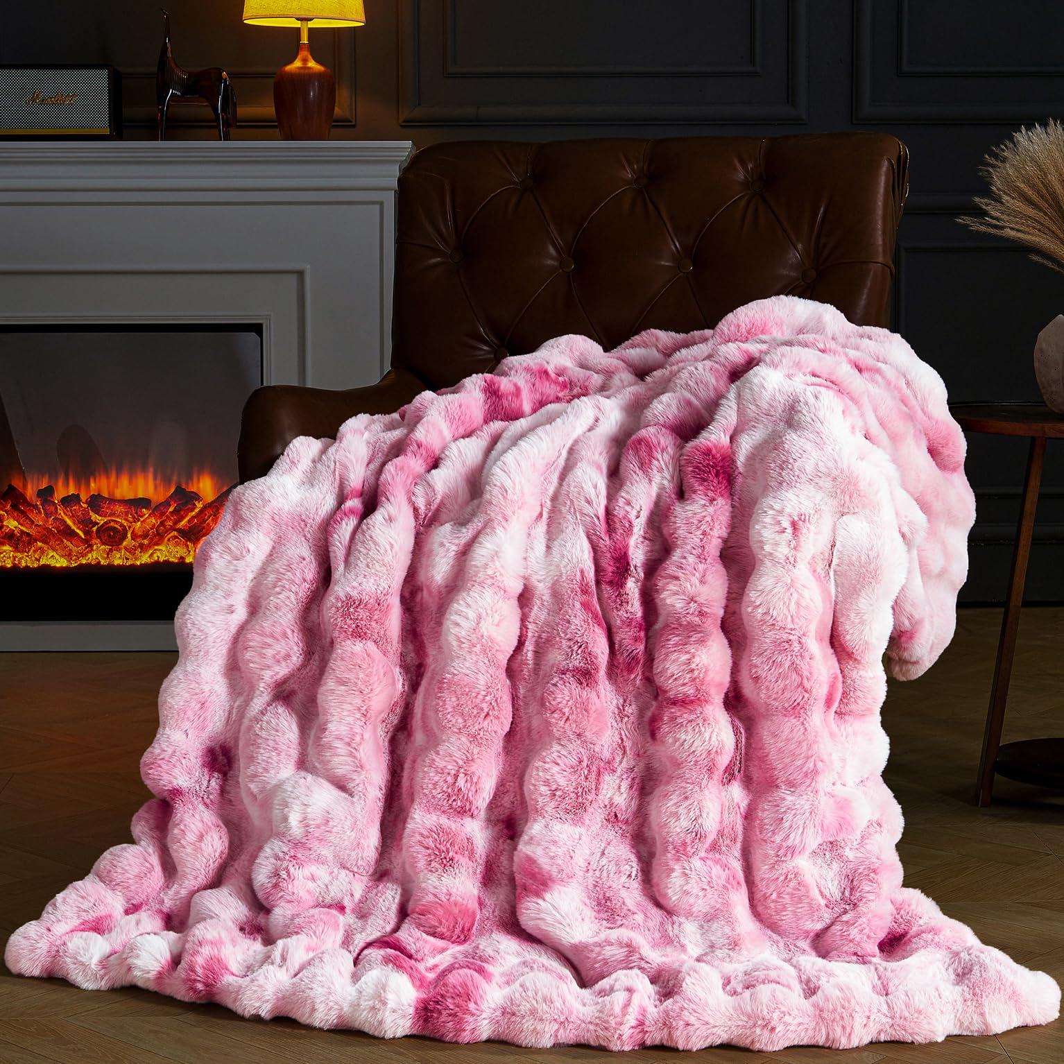 Photo 1 of PLUUSHUU Faux Fur Throw Blanket for Couch, Fluffy Fuzzy Plush Bubble Blanket, Soft Warm Cozy Shaggy Rabbit Blanket, Luxury Decorative Gifts for Sofa Bedroom Living Room, 60x50inch (Tie-Dye-Pink)