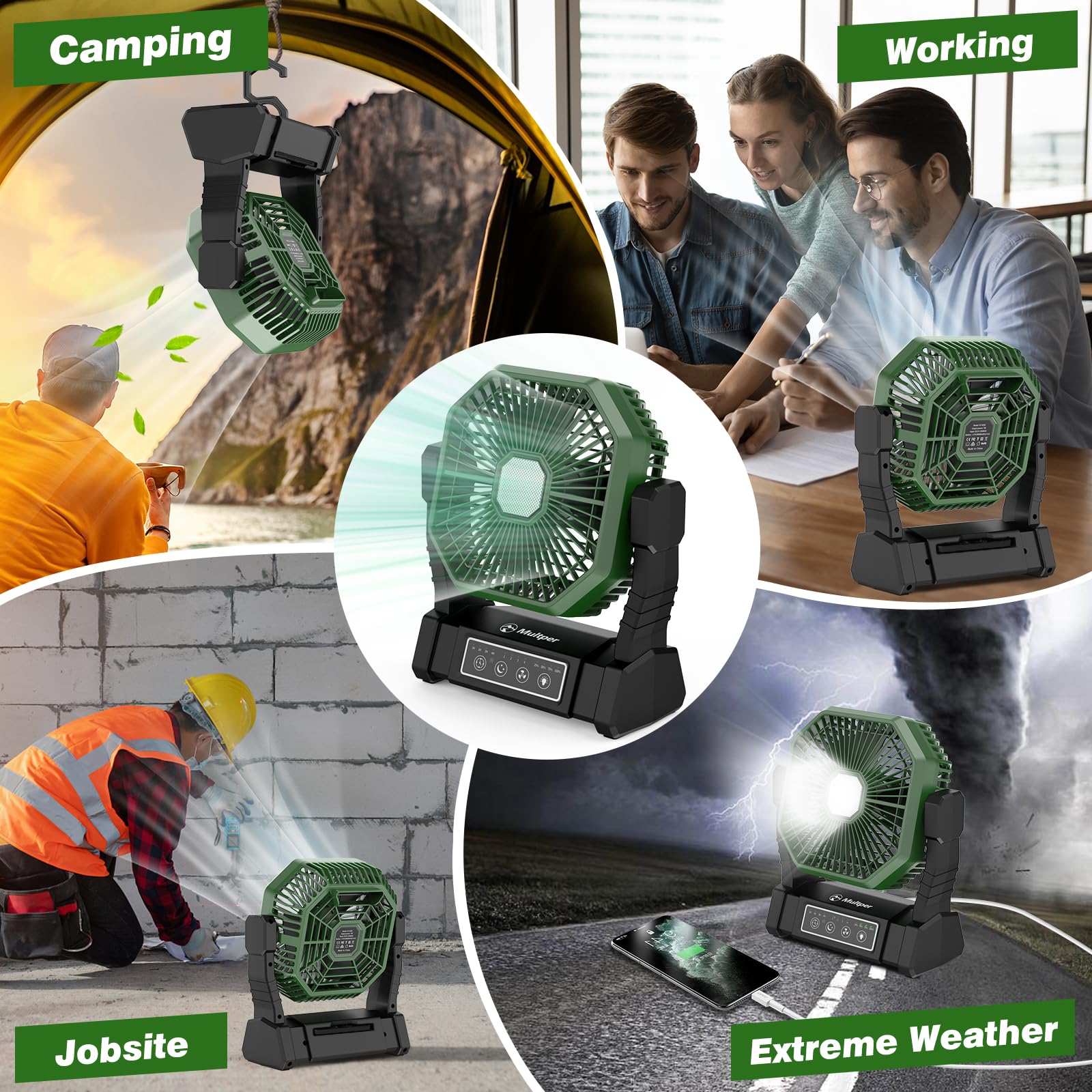 10000mAh Camping Fan Rechargeable with LED Lantern, Battery Operated Fan Outdoor Camping Fans for Tents with Remote & Hook, 4 Speed Powerful USB Table Fan for Fishing, Camping, Travel, Jobsite (Black)