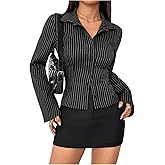 GORGLITTER Women's Striped Fitted Button Up Shirt Blouse Bell Long Sleeve Shirt Dressy Casual Office Work Tops