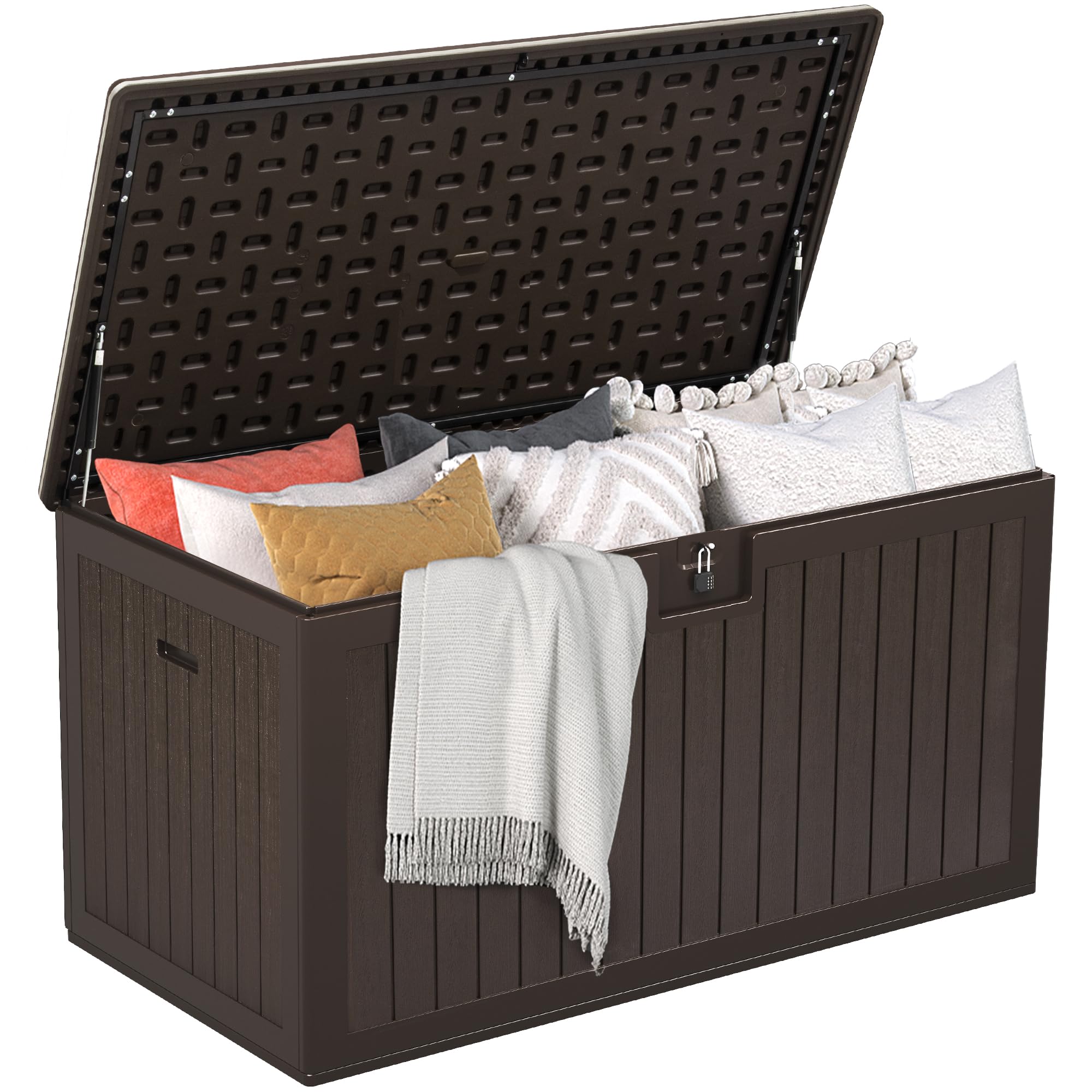 DWVO 567.8L Resin Aufbewahrungsbox für Außen, Doppelwandige wasserdichte Gartenbox mit Holzmaserung, Abschließbare Aufbewahrungsbox als Tisch oder Sitzbank (1000 kg Belastbarkeit) – Braun