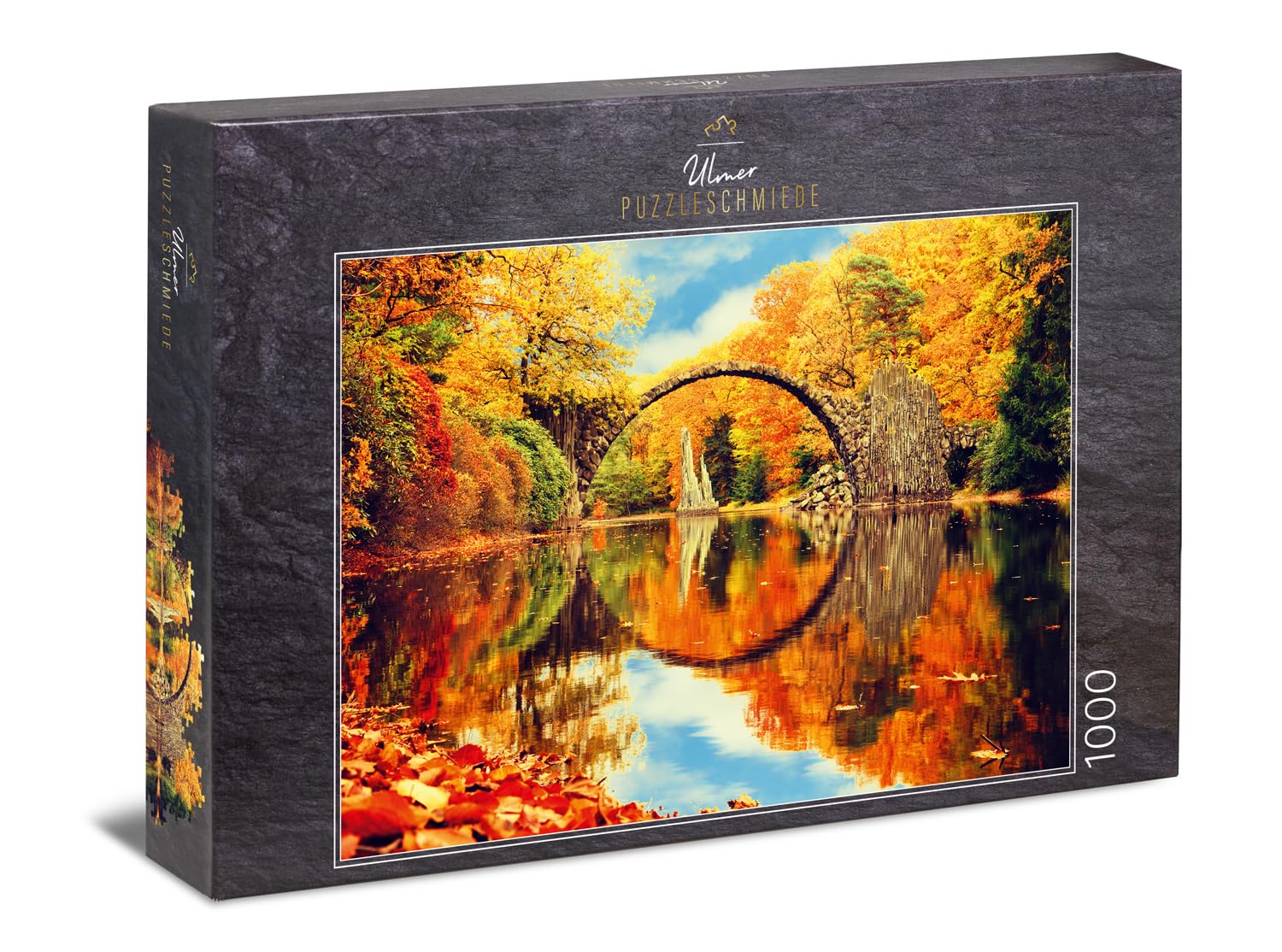 Ulmer Puzzleschmiede - Puzzle "Fairytale Forest" - 1000 pieces jigsaw puzzle - Rakotzbrücke Kromlau in Germany with perfect reflection in the lake
