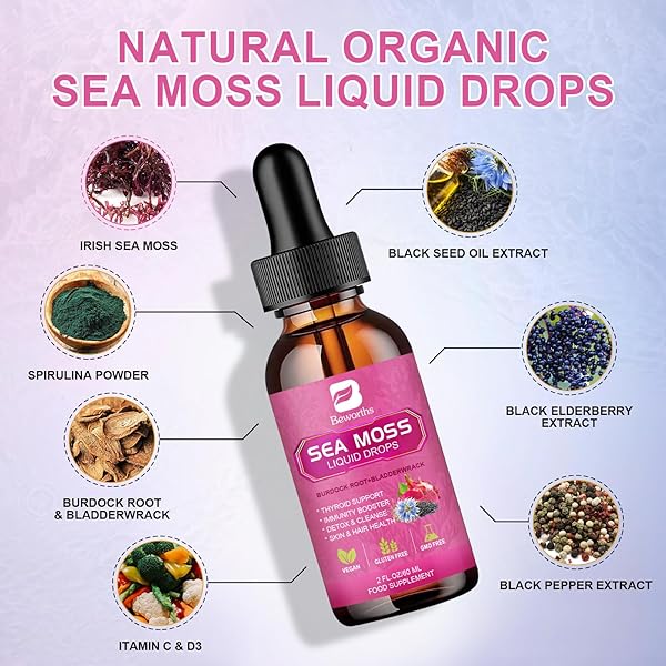 B BEWORTHS SEA MOSS LIQUID DROPS – BLACK SEED OIL & IRISH SEA MOSS GEL WITH BURDOCK ROOT BLADDERWRACK, ELDERBERRY, SPIRULINA, SEAMOSS SUPPLEMENT FOR ENERGY BOOSTER, DIGESTIVE HEALTH – 4 FL OZ, VEGAN