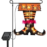 Qunlight Halloween Trick Or Treat Graden Flag lights without flag pole, Double Sided Witch Feet Flag Banner 17.1*17.2Inch ,16 Warm White LED with 8modes Solar Panel, Decorations for Outdoor,Yard ,Home
