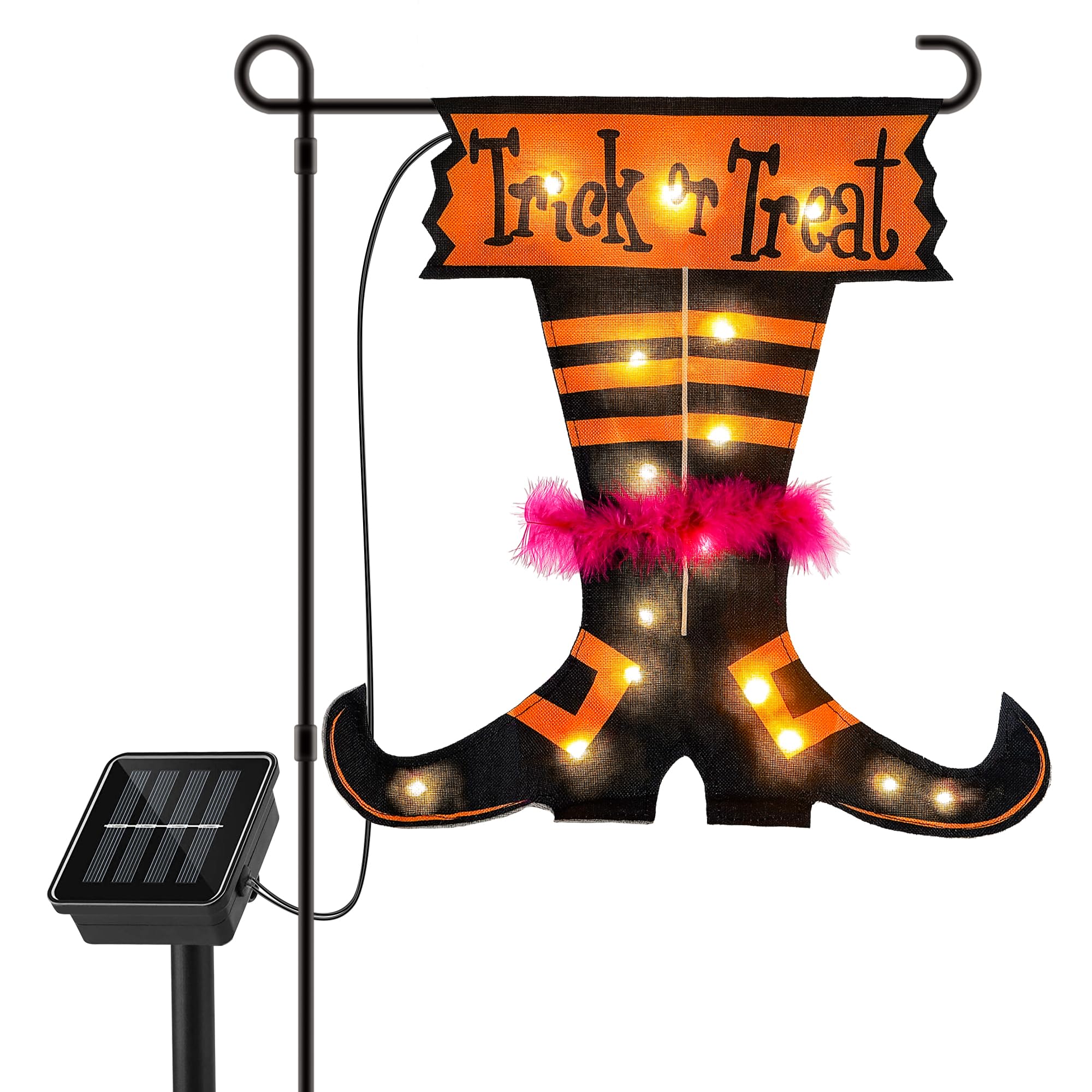Photo 1 of Qunlight Halloween Trick Or Treat Graden Flag lights without flag pole, Double Sided Witch Feet Flag Banner 17.1*17.2Inch ,16 Warm White LED with 8modes Solar Panel, Decorations for Outdoor,Yard ,Home