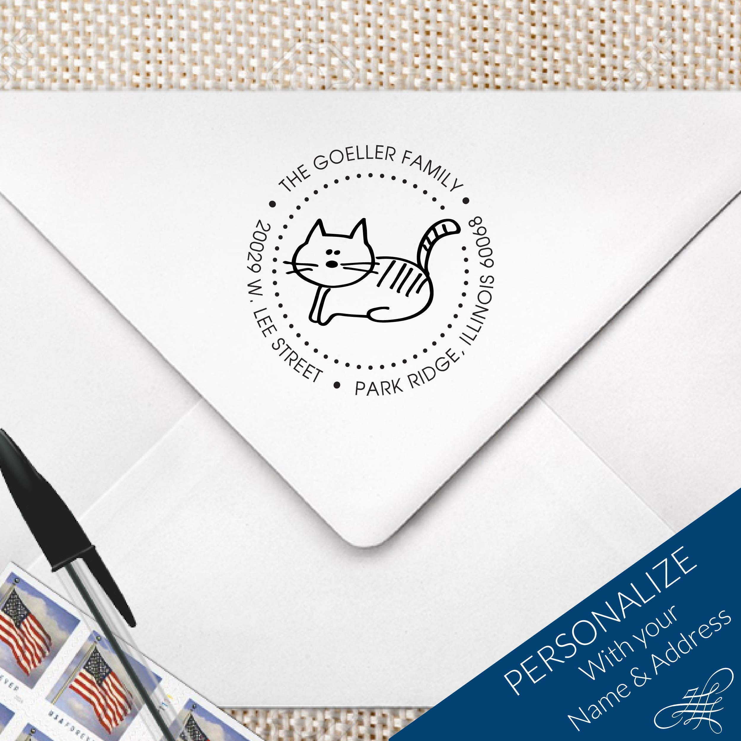 Cute Cat or Kitten Return Address Monogram Stamp, Feline Stamp, Kitty Address Stamp | MS-R18