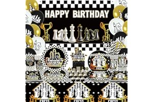 KEFAN Chess Birthday Party Decorations, Chess Theme Party Tableware Supplies including HAPPY BIRTHDAY Backdrop, Plates, Cups,