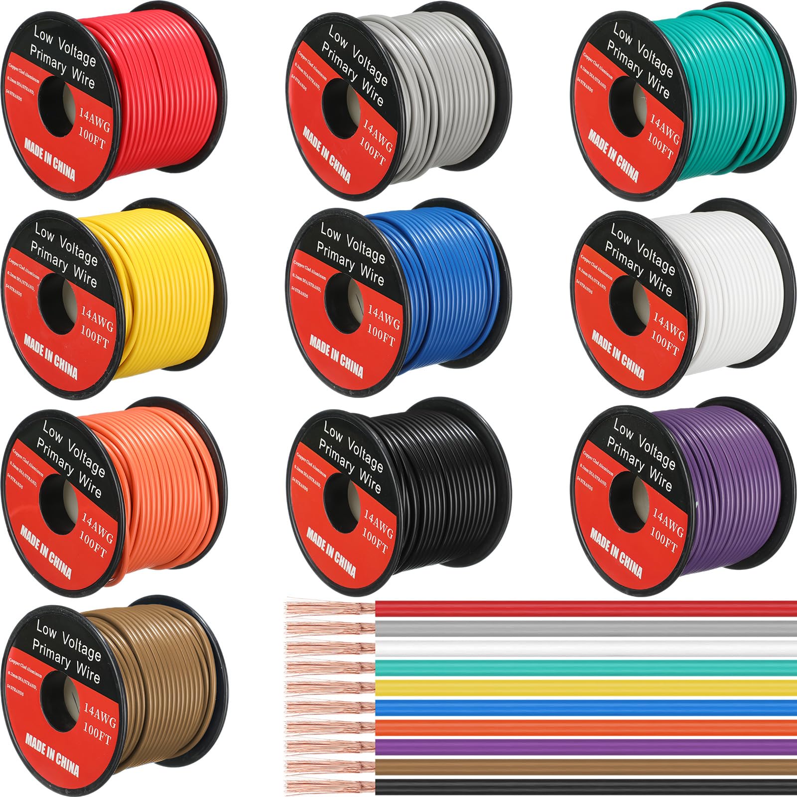 Photo 1 of Gisafai 10 Pcs Wire 100 ft Per Roll (1000 ft Total) Automotive Primary Wire Spools Copper Clad Aluminum Primary for 12v Automotive Harness Car Audio Video Wiring(14 Gauge)