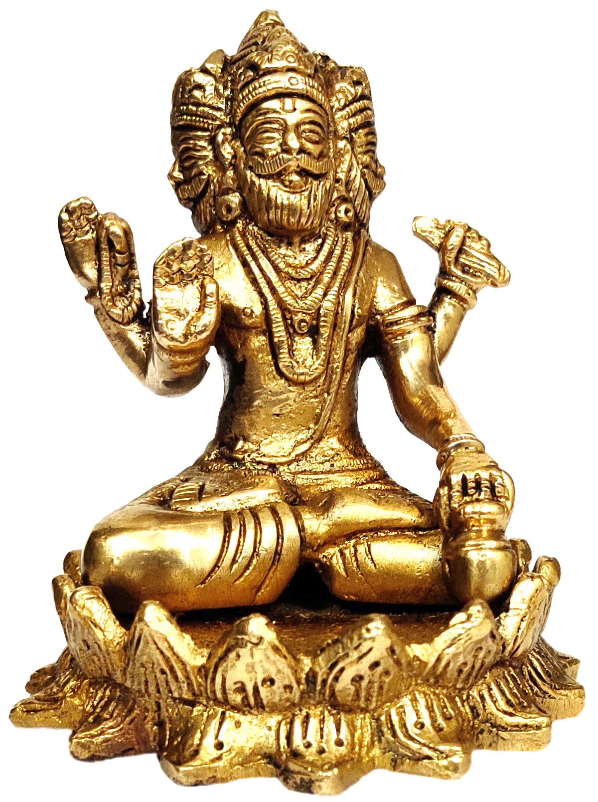 Purpledip Brass Idol Brahma Four Heads (Thai Phra Phrom) Sitting in Padamasana on Lotus: Rare Collection Statue (12045)